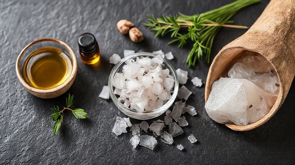 Natural, high-quality ingredients like essential oils and salts used in head spa Costa Mesa treatments.