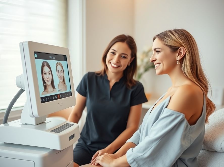 A client getting a professional skin analysis for a Facial Newport Beach