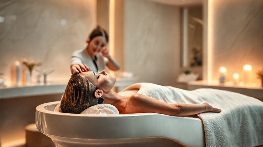 A client relaxing during a luxurious head spa Costa Mesa treatment at The Hollywood Facial